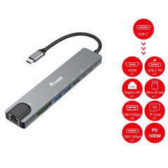 EQUIP - ADATTATORE MULTIFUNZIONE USB-C 8 in 1, HDMI 4K/30Hz, LAN Gigabit, 2x USB-A, 1x USB-C, SD/TF, 100W USB PD