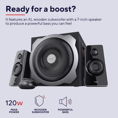 SET ALTOPARLANTI SPEAKERS 2.1 120W PICCO (60W RMS) - CON TELECOMANDO CON INGRESSO AUX + PRESA PER CUFFIE E SUB WOOFER LEGNO - TRUST TYTAN 2.1 - NERO