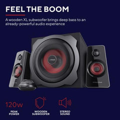SET GAMING ALTOPARLANTI SPEAKERS 2.1 120W PICCO (60W RMS) - CON TELECOMANDO CON INGRESSO AUX + PRESA PER CUFFIE E SUB WOOFER LEGNO - TRUST GXT38 TYTAN 2.1 - NERO/ROSSO