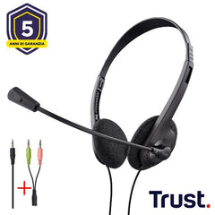 CUFFIE ON-EAR CABLATE 1,8M JACK 3,5 SUPERLEGGERE - TRUST PRIMO - NERO