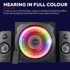 SET GAMING ALTOPARLANTI SPEAKERS 2.1 120W PICCO (60W RMS) ILLUMINATI LED RGB - CON TELECOMANDO WIRELESS E SUB WOOFER LEGNO - TRUST GXT629 TYTAN - NERO