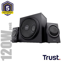 SET ALTOPARLANTI SPEAKERS 2.1 120W PICCO (60W RMS) - CON TELECOMANDO CON INGRESSO AUX + PRESA PER CUFFIE E SUB WOOFER LEGNO - TRUST YURI 2.1 - NERO