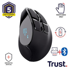 MOUSE ERGONOMICO VERTICALE WIRELESS RICARICABILE MULTICONNECT BT + WL 2,4GHZ CON DISPLAY - 9 PULSANTI PROGRAMMABILI - 2400DPI - TRUST VOXX - NERO