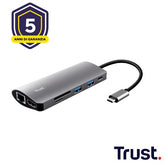 ADATTATORE DOCKING STATION MULTIPORT 7 IN 1, 1 HDMI 4K, 1 LAN, 2 USB-A 3.X, 1 MICRO SD READER, 1 SD READER, 1 USB-C PD - TRUST DALYX 7-IN-1 - ALLUMINIO