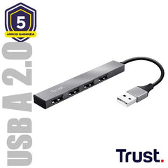HUB USB A CON 4 PORTE USB-A 2.0 USB-A 2.0 A - TRUST HALYX - ALLUMINIO