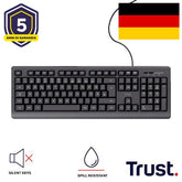 TASTIERA CABLATA 180CM RESISTENTE AGLI SVERSAMENTI - TASTI SILENZIOSI - LAYOUT TEDESCO/DE - TRUST PRIMO - NERO