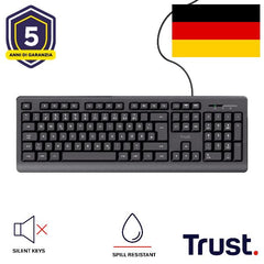 TASTIERA CABLATA 180CM RESISTENTE AGLI SVERSAMENTI - TASTI SILENZIOSI - LAYOUT TEDESCO/DE - TRUST PRIMO - NERO