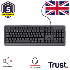 TASTIERA CABLATA 180CM RESISTENTE AGLI SVERSAMENTI - TASTI SILENZIOSI - LAYOUT INGLESE/UK - TRUST PRIMO - NERO