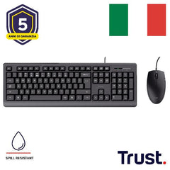 KIT DESK SET TASTIERA E MOUSE CABLATI RESISTENTI AGLI SVERSAMENTI- LAYOUT ITALIANO - TRUST PRIMO - NERO