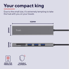 HUB USB C CON CARDREADER E 3P USB-A 3.2 + CARD READER SD E MICRO-SD - TRUST HALYX - ALLUMINIO