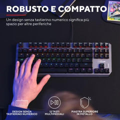 TASTIERA GAMING MECCANICA (COMPATTA TKL) CABLATA ILLUMINATA (RAINBOW) - LAYOUT ITALIANO - TRUST GXT834 CALLAZ - NERO