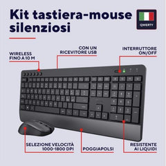 KIT DESK SET TASTIERA E MOUSE WIRELESS SUPER SILENZIOSI - LAYOUT ITALIANO - PLASTICA RICICLATA 85% - LUNGA DURATA BATTERIE (4 ANNI TASTIERA 1 ANNO MOUSE) - TRUST TREZO - NERO