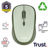 MOUSE WIRELESS SILENZIOSO - 1600DPI - PLASTICA RICICLATA 83% - DURATA BATTERIA 12 MESI - TRUST YVI+ VERDE
