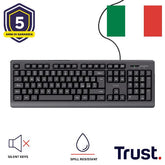 TASTIERA CABLATA 180CM RESISTENTE AGLI SVERSAMENTI - TASTI SILENZIOSI - LAYOUT ITALIANO - TRUST BASIC NERO