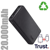 POWER BANK 20.000MAH - 2 USB-A 12W + 1 MICRO-USB + 1USB-C 15W - PLASTICA RICICLATA 50% - TRUST PRIMO POWERBANK - NERO