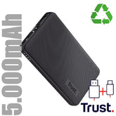 POWER BANK 5.000MAH - 1 USB-A 12W + 1 MICRO-USB + 1USB-C 15W - PLASTICA RICICLATA 50% - TRUST PRIMO POWERBANK - NERO