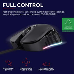 MOUSE GAMING RGB CABLATO 7.200 DPI, 6 PULSANTI PROGRAMMABILI - PLASTICA RICICLATA 68% - TRUST GXT 922 YBAR NERO