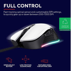 MOUSE GAMING RGB CABLATO 7.200 DPI, 6 PULSANTI PROGRAMMABILI - PLASTICA RICICLATA 68% - TRUST GXT 922 YBAR BIANCO