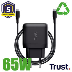 ALIMENTATORE/CARICABATTERIA 65W USB-C - CAVO RICARICA INCLUSO - PLASTICA RICICLATA 75% - TRUST MAXO - NERO