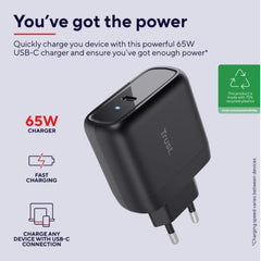 ALIMENTATORE/CARICABATTERIA 65W USB-C - CAVO RICARICA INCLUSO - PLASTICA RICICLATA 75% - TRUST MAXO - NERO
