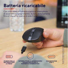 MOUSE WIRELESS RICARICABILE MULTICONNECT BT + WL 2,4GHZ SILENZIOSO - 3200DPI - PLASTICA RICICLATA 60% - TRUST OZAA COMPACT - NERO