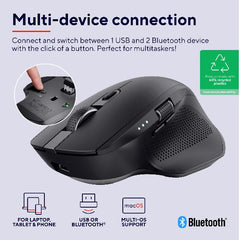 MOUSE WIRELESS RICARICABILE MULTICONNECT BT + WL 2,4GHZ SILENZIOSO - SCROLL ORIZZONTALE - 3200DPI - PLASTICA RICICLATA 60% - TRUST OZAA+ NERO