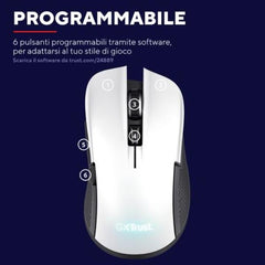 MOUSE GAMING RGB WIRELESS RICARICABILE 7.200DPI - PLASTICA RICICLATA 69% - AUTONOMIA 50h - 6 PULSANTI PROGRAMMABILI - TRUST GXT923W YBAR BIANCO/NERO