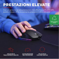 MOUSE GAMING RGB CABLATO 25.600 DPI ACELLERAZIONE 50G POLLING 1.000HZ - 6 PULSANTI PROGRAMMABILI - PLASTICA RICICLATA 60% - TRUST GXT924 YBAR+ NERO