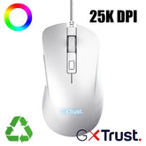 MOUSE GAMING RGB CABLATO 25.600 DPI ACELLERAZIONE 50G POLLING 1.000HZ - 6 PULSANTI PROGRAMMABILI - PLASTICA RICICLATA 50% - TRUST GXT924W YBAR+ BIANCO