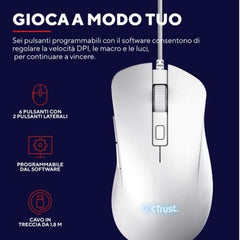 MOUSE GAMING RGB CABLATO 25.600 DPI ACELLERAZIONE 50G POLLING 1.000HZ - 6 PULSANTI PROGRAMMABILI - PLASTICA RICICLATA 50% - TRUST GXT924W YBAR+ BIANCO