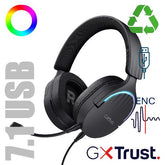 CUFFIE GAMING RGB CABLATE USB 7.1, MICROFONO STACCABILE CON RIDUZIONE DEL RUMORE, DRIVER 50MM - PLASTICA RICICLATA 85% - TRUST GXT490 FAYZO NERO
