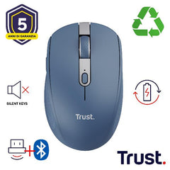 MOUSE WIRELESS RICARICABILE MULTICONNECT BT + WL 2,4GHZ SILENZIOSO - 3200DPI - PLASTICA RICICLATA 60% - TRUST OZAA COMPACT - BLU