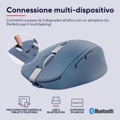 MOUSE WIRELESS RICARICABILE MULTICONNECT BT + WL 2,4GHZ SILENZIOSO - 3200DPI - PLASTICA RICICLATA 60% - TRUST OZAA COMPACT - BLU