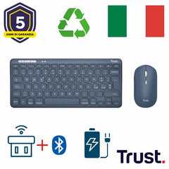 KIT DESK SET TASTIERA E MOUSE WIRELESS RICARICABILI MULTICONNECT 2 BT + 1 WL 2,4GHZ - PLASTICA RICICLATA 51% - LAYOUT ITALIANO - TRUST LYRA BLUE