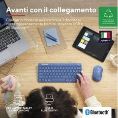 KIT DESK SET TASTIERA E MOUSE WIRELESS RICARICABILI MULTICONNECT 2 BT + 1 WL 2,4GHZ - PLASTICA RICICLATA 51% - LAYOUT ITALIANO - TRUST LYRA BLUE
