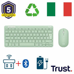 KIT DESK SET TASTIERA E MOUSE WIRELESS RICARICABILI MULTICONNECT 2 BT + 1 WL 2,4GHZ - PLASTICA RICICLATA 51% - LAYOUT ITALIANO - TRUST LYRA VERDE