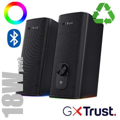 SET GAMING ALTOPARLANTI SPEAKERS 2.0 18W PICCO (9W RMS) MULTICONNECT JACK 3,5MM + BLUETOOTH ILLUMINATI LED RGB CON INGRESSO CUFFIA - PLASTICA RICICLATA 76% - TRUST GXT612 CETIC -