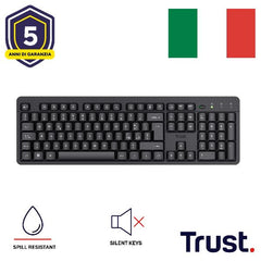 TASTIERA WIRELESS SILENZIOSA RESISTENTE AGLI SVERSAMENTI - LAYOUT ITALIANO - TRUST ODY II - NERO