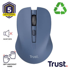 MOUSE WIRELESS SILENZIOSO - 1800DPI - PLASTICA RICICLATA 82% - TRUST MYDO - BLU