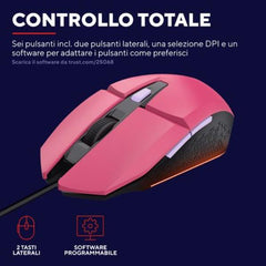 MOUSE GAMING ILLUMINATO CABLATO 6.400DPI ACELLERAZIONE 20G - TRUST GXT109P FELOX ROSA