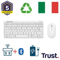 KIT DESK SET TASTIERA E MOUSE WIRELESS RICARICABILI MULTICONNECT 2 BT + 1 WL 2,4GHZ - PLASTICA RICICLATA 51% - LAYOUT ITALIANO - TRUST LYRA BIANCO
