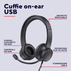 CUFFIE ON-EAR CABLATE 1,8M USB CON MICROFONO FLIP TO MUTE - TRUST AYDA USB - NERO