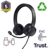 CUFFIE ON-EAR CABLATE 1,8M USB CON MICROFONO FLIP TO MUTE E RIDUZIONE RUMORE ENC - 65% PLASTICA RICICLATA - TRUST AYDA USB ENC- NERO