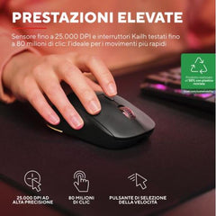 MOUSE GAMING RGB WIRELESS RICARICABILE 25.600DPI, ACELLERAZIONE 50G, AUTONOMIA 94H, POLLING 1000HZ, 80MLN CLIC - PLASTICA RICICLATA 55% - TRUST GXT927 REDEX+ NERO