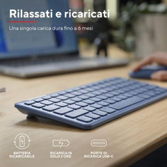 TASTIERA WIRELESS RICARICABILE MULTICONNECT 2 BT + 1 WL 2,4GHZ - PLASTICA RICICLATA 52% - LAYOUT ITALIANO - TRUST LYRA - BLU