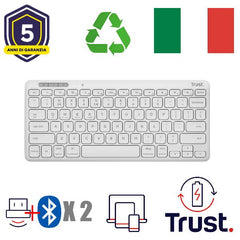 TASTIERA WIRELESS RICARICABILE MULTICONNECT 2 BT + 1 WL 2,4GHZ - PLASTICA RICICLATA 52% - LAYOUT ITALIANO - TRUST LYRA - BIANCA