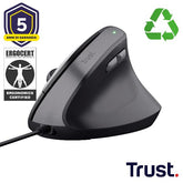 MOUSE ERGONOMICO VERTICALE CABLATO CERTIFICATO ERGOCERT - PLASTICA RICICLATA 60% - TRUST BAYO II NERO