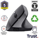 MOUSE ERGONOMICO (CERTIFICATO ERGOCERT) VERTICALE WIRELESS RICARICABILE - 2400DPI - PLASTICA RICICLATA 70% - TRUST BAYO II NERO