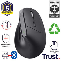 MOUSE ERGONOMICO (CERTIFICATO ERGOCERT) VERTICALE WIRELESS RICARICABILE - 2400DPI - MULTICONNECT 2x BT + 1 WL 2,4GHz - PLASTICA RICICLATA 70% - TRUST BAYO+ NERO