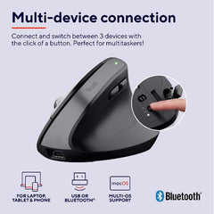 MOUSE ERGONOMICO (CERTIFICATO ERGOCERT) VERTICALE WIRELESS RICARICABILE - 2400DPI - MULTICONNECT 2x BT + 1 WL 2,4GHz - PLASTICA RICICLATA 70% - TRUST BAYO+ NERO